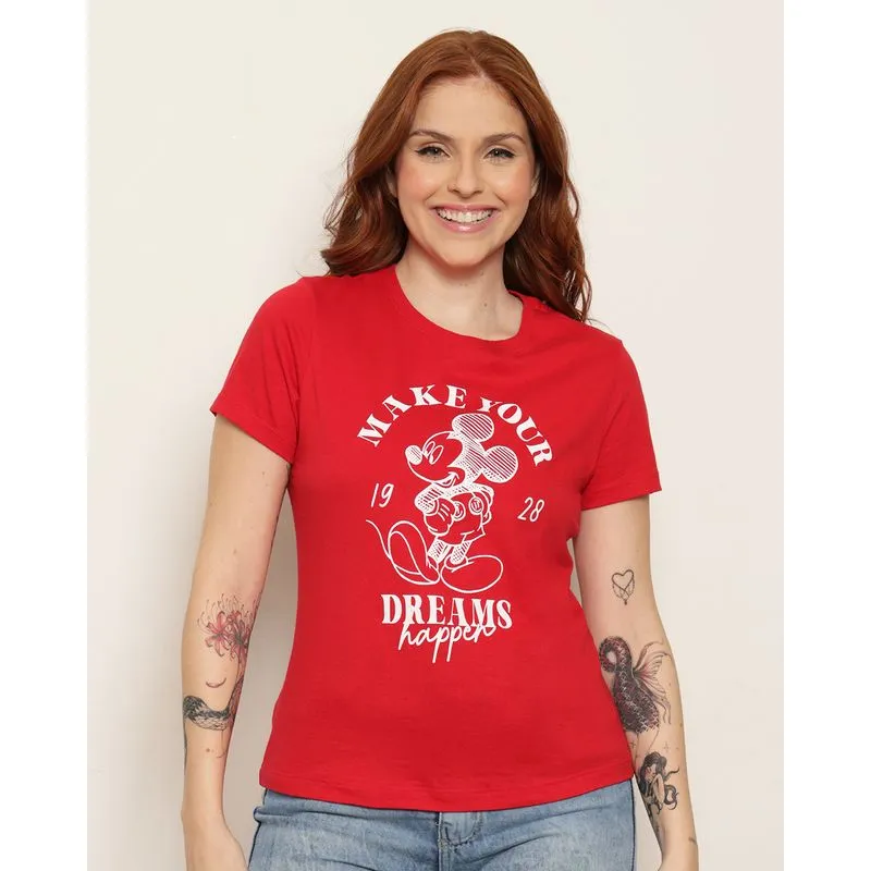 Camiseta Feminina Disney Mickey Manga Curta Vermelha G