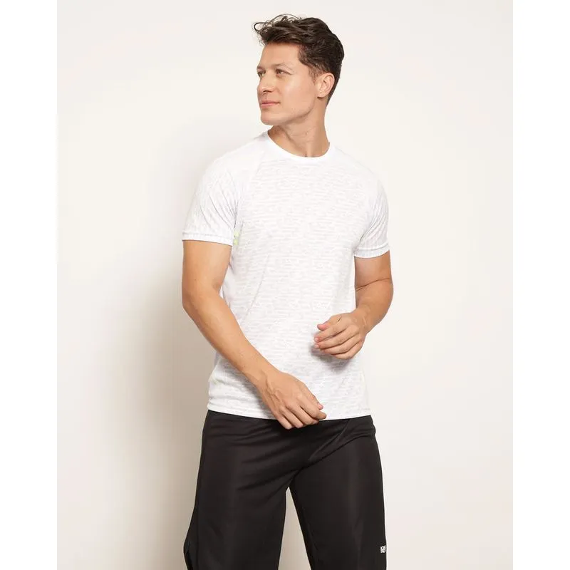 Camiseta Masculina Esportiva Dry Fit Estampa Geométrico Detalhe Em Neon Manga Curta Branca GG