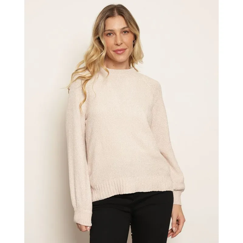 Suéter Feminino Chenille Lurex Manga Longa Bege M
