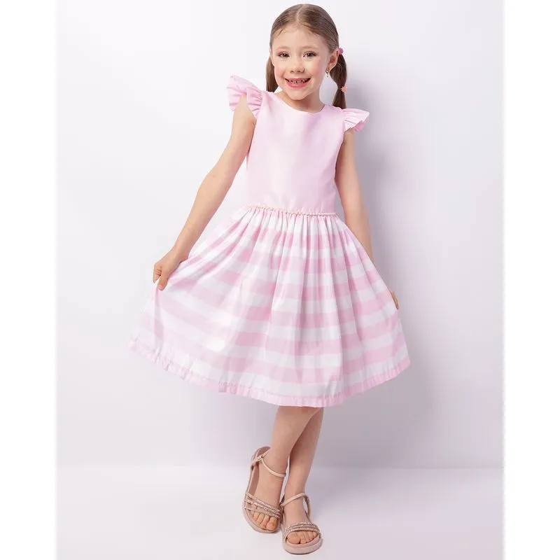 Vestido Infantil Manga Babado Faixa Para Amarração Com Pérolas Rosa 8
