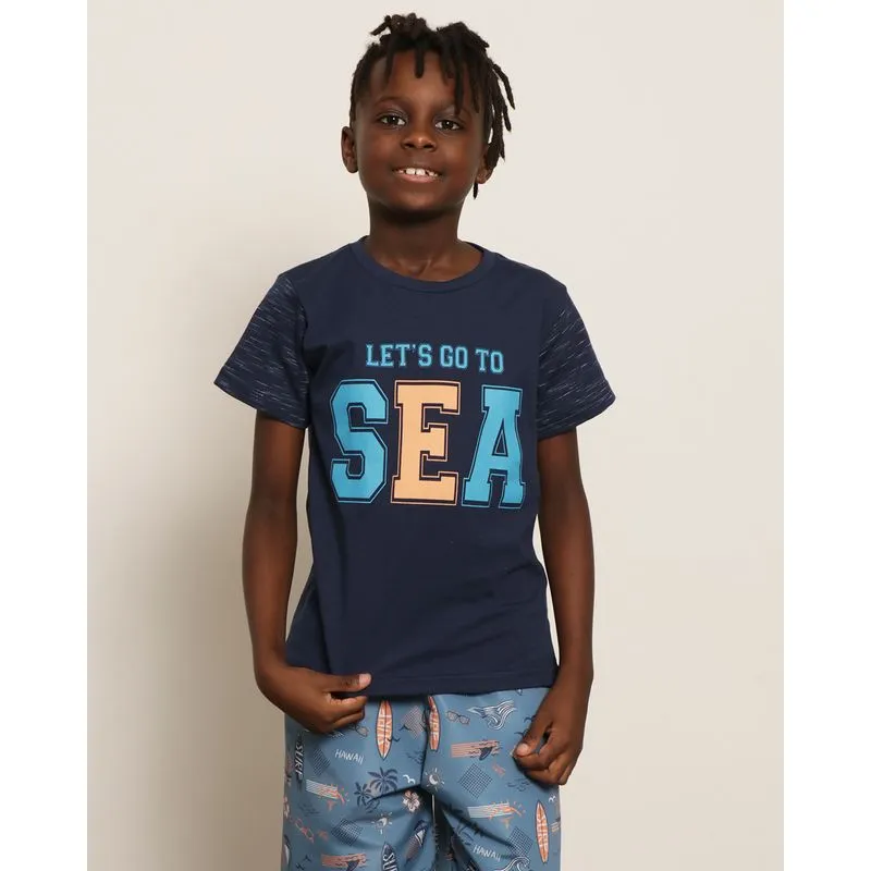 Camiseta Infantil com Estampa Let´s Go To Sea Manga Curta Gola Careca Marinho 8