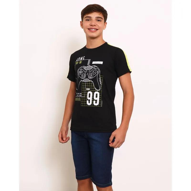 Camiseta Juvenil Manga Curta Estampa Gamer Preta 14