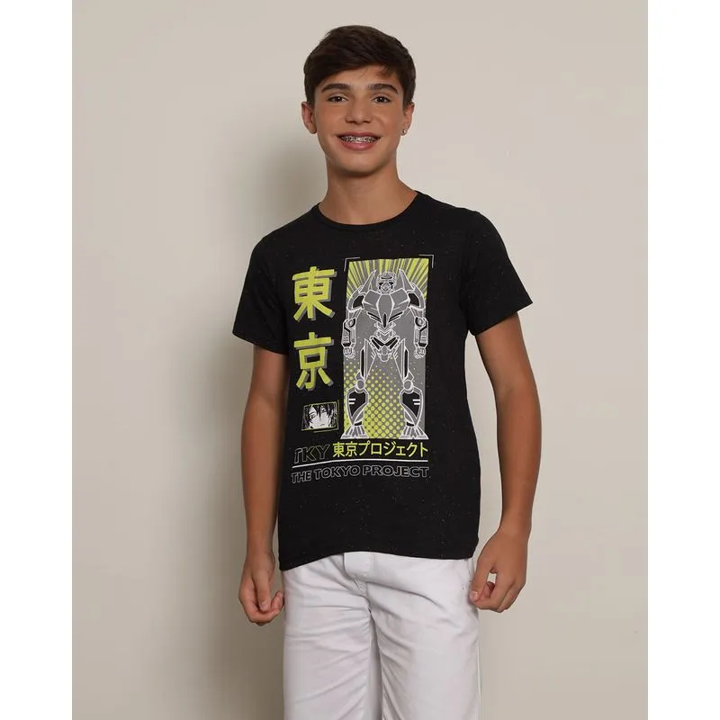 Camiseta Juvenil Botonê Estampa Robô Tokyo Manga Curta Preta 10