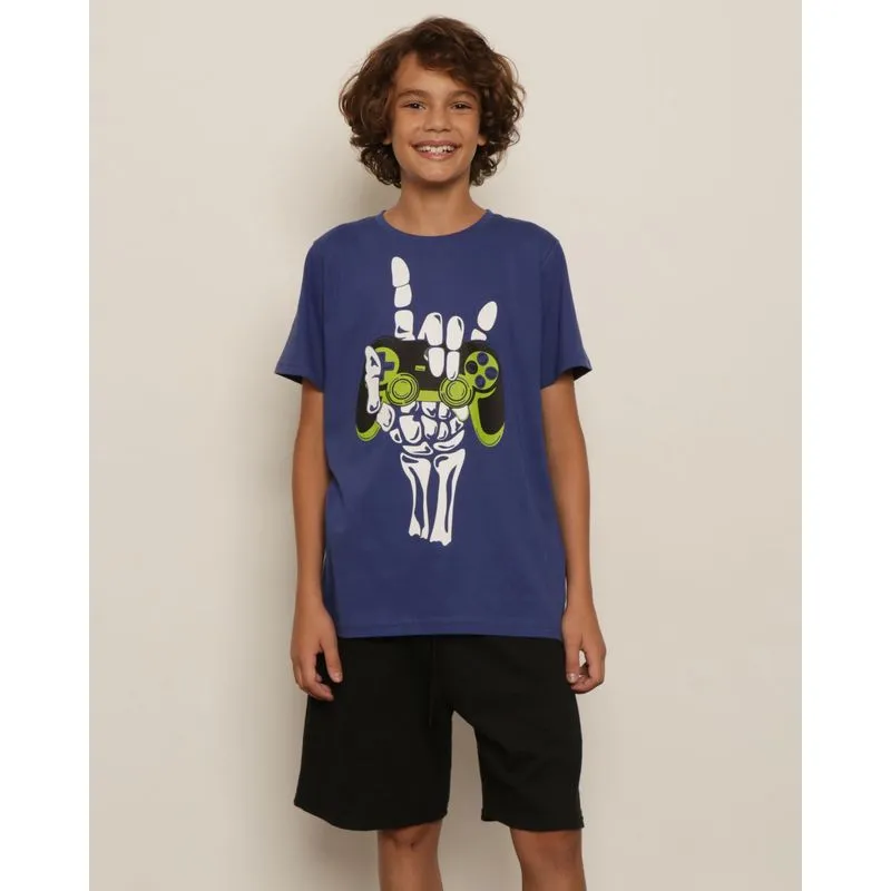 Camiseta Juvenil Estampa Controle Vídeo Game Manga Curta Azul 14