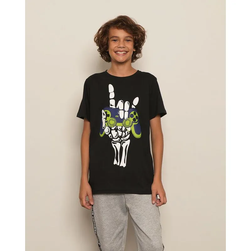Camiseta Juvenil Estampa Controle Vídeo Game Manga Curta Preto 10