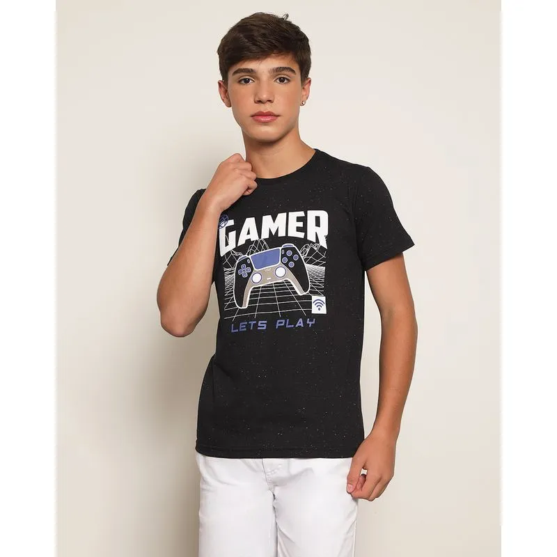Camiseta Juvenil Botonê Estampa Gamer Manga Curta Preta 12