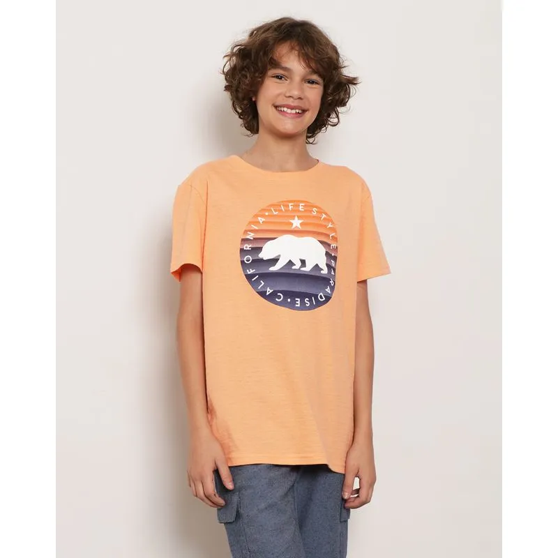 Camiseta Juvenil Manga Curta Texturizada Estampa Urso Laranja 10