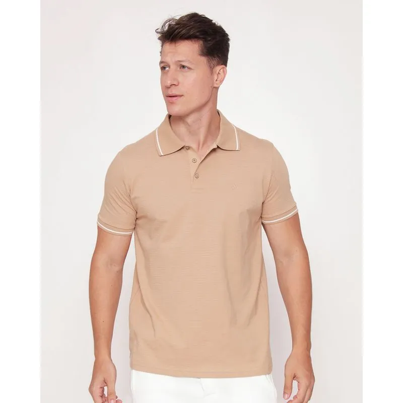 Camisa Polo Masculina Com Recorte Com Bordado Manga Curta Marrom GG