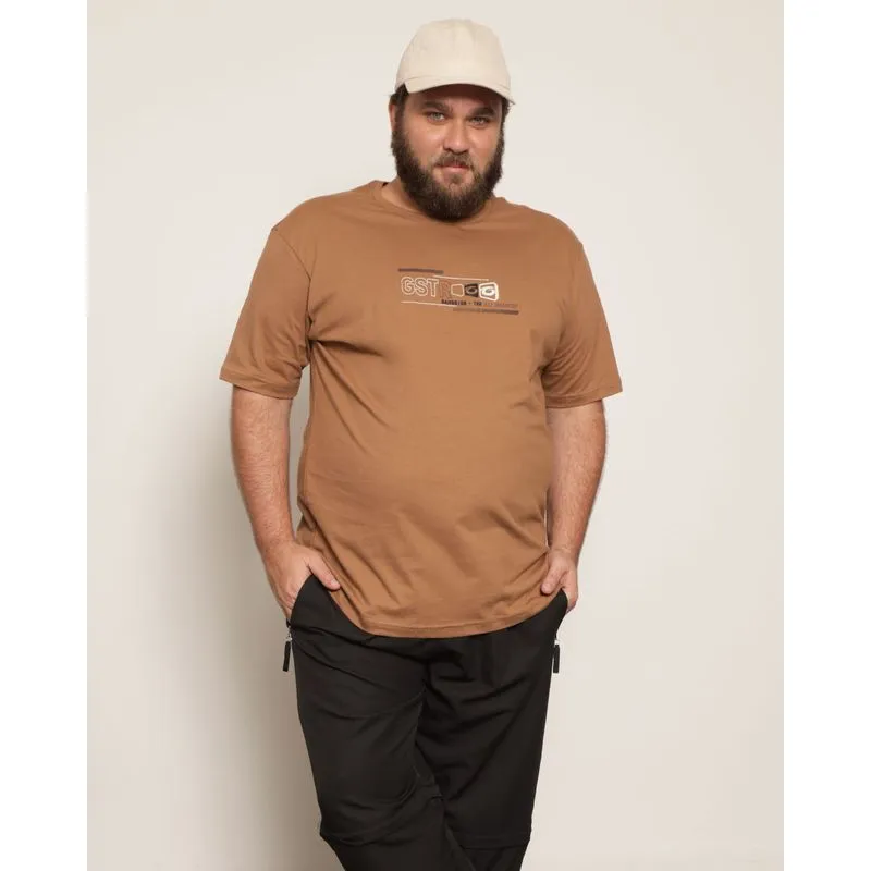 Camiseta Masculina Plus Size Gangster Estampa Frente e Costas Marrom G3