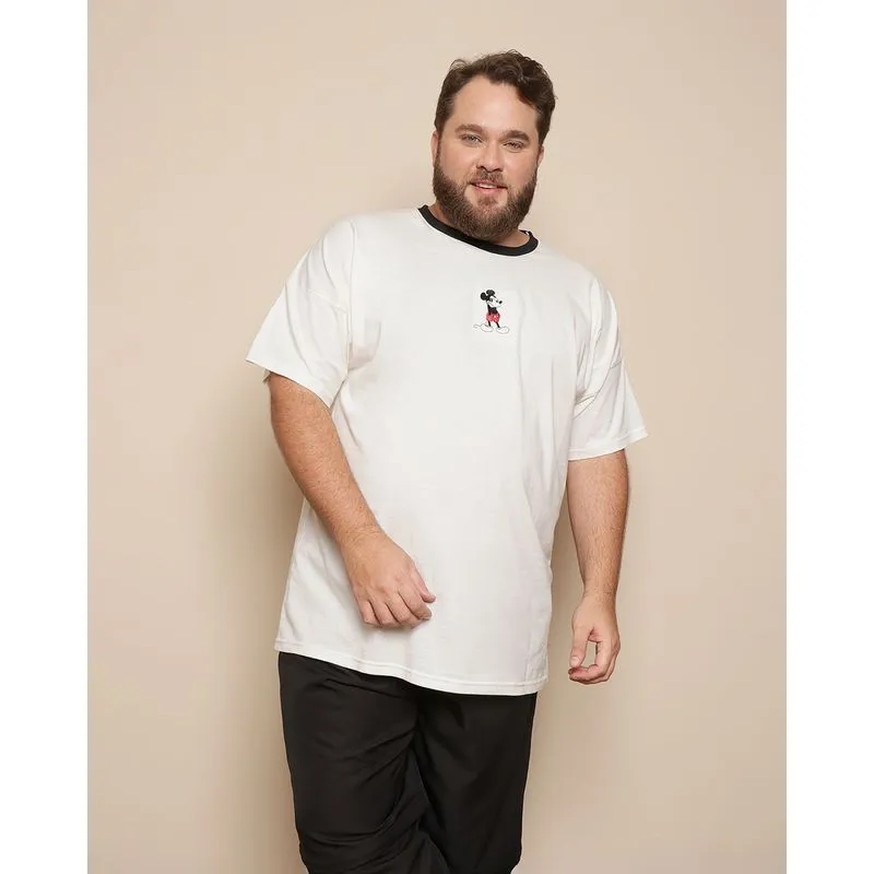 Camiseta Plus Size Masculina Manga Curta Disney Bordado Mickey Off White G3