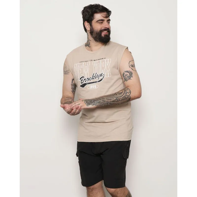 Regata Plus Size Masculina Estampa Frontal New York Bege G3