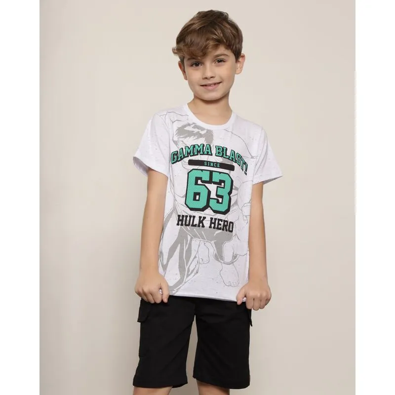 Camiseta Infantil Menino Marvel Estampa Hulk Com Escrita Frontal Manga Curta Gola Redonda Branca 8
