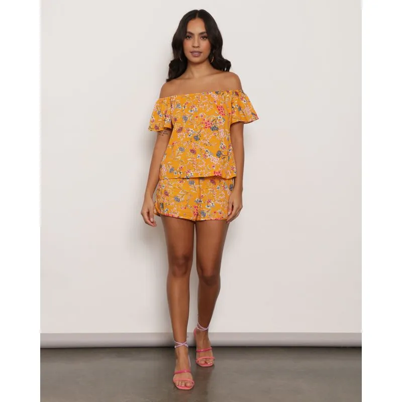 Short Feminino Boxer Viscose Estampado Floral Mostarda P