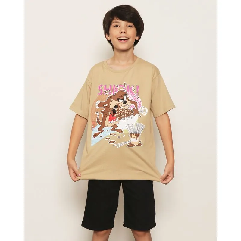 Camiseta Juvenil Looney Tunes Taz Oversized Bege 16