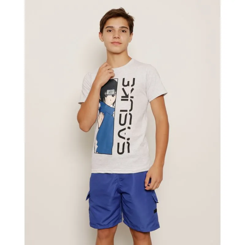 Camiseta Juvenil Menino Naruto Estampa Sasuke Manga Curta Cinza 12