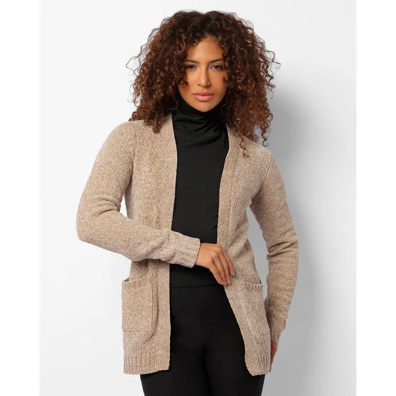 Cardigan Feminino Chenille Manga Longa Com Bolsos Bege P