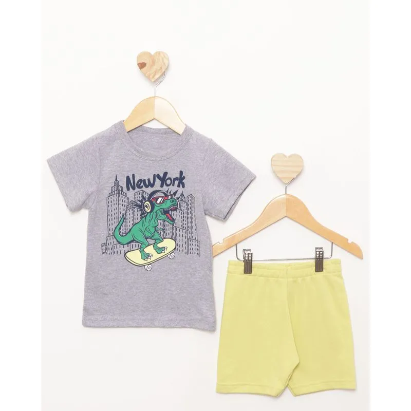 Conjunto Bebê Curto Estampa Dinossauro Mescla Cinza 1