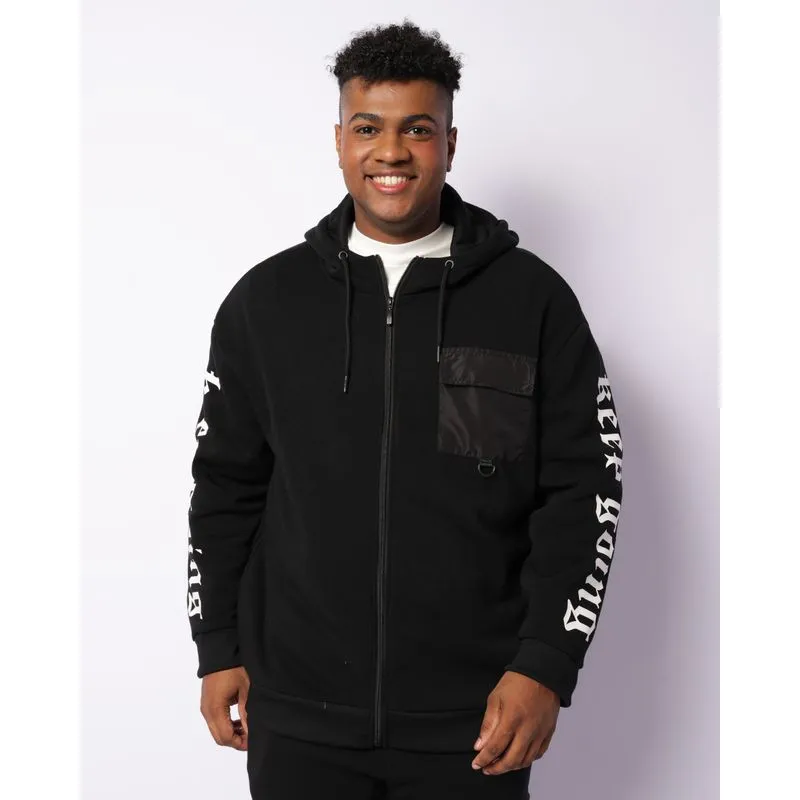 Jaqueta Moletom Plus Size Masculina Peluciada Estampada Com Capuz Preta G1