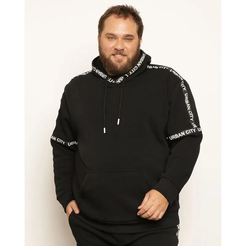 Blusão Moletom Plus Size Masculina Peluciada Bolsos Com Capuz Preto G1