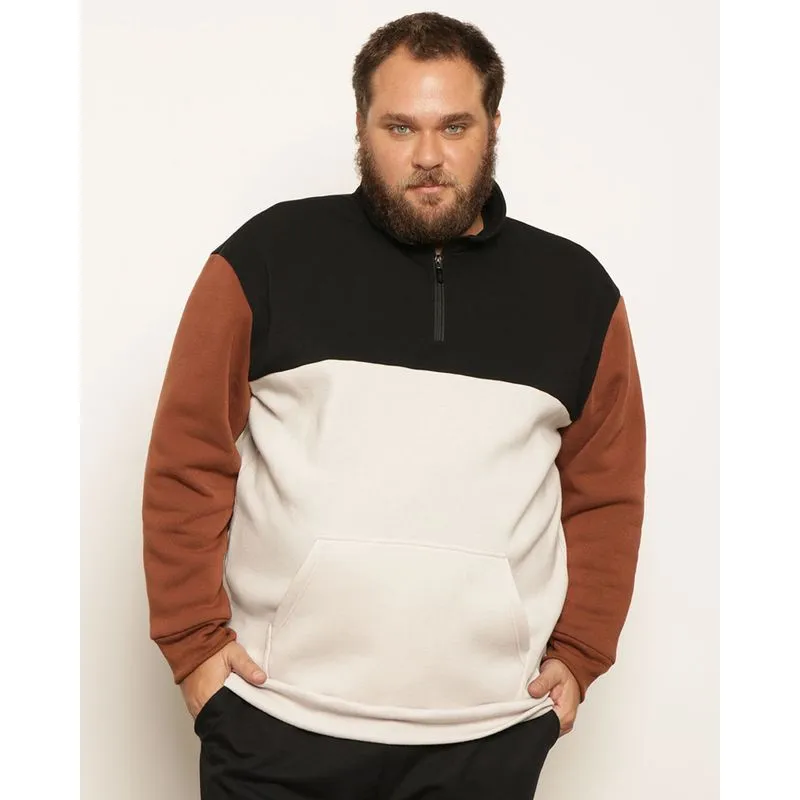 Blusão Moletom Plus Size Masculino Peluciado Com Bolsos Gola Alta Preto G1