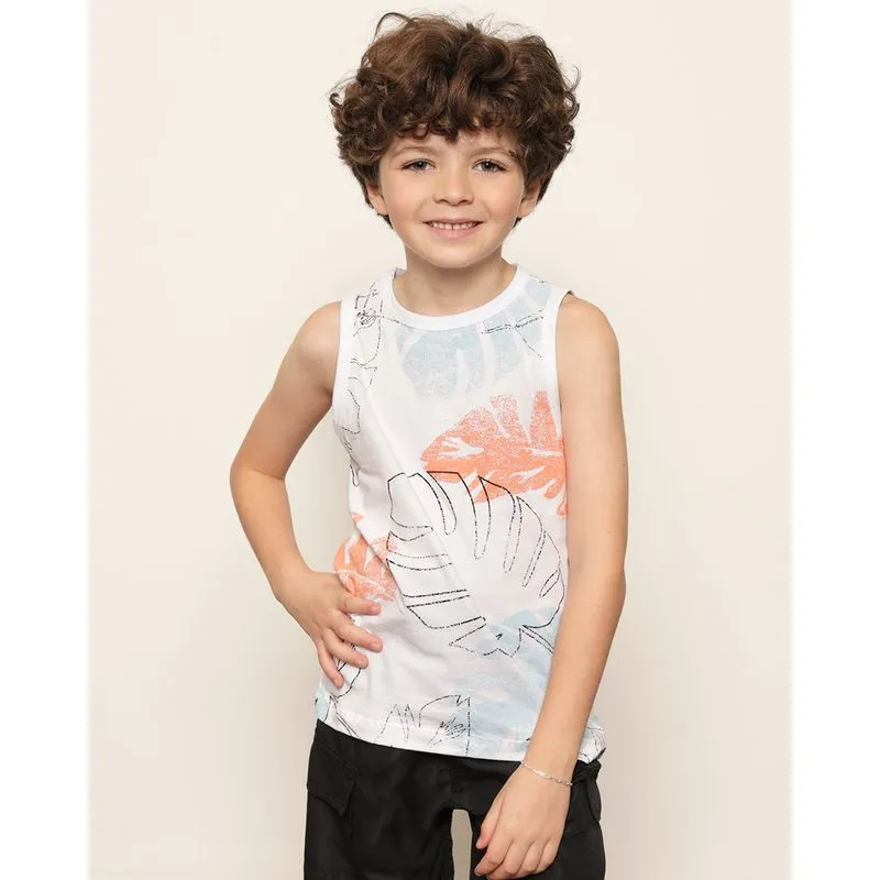 Regata Infantil Estampada Tropical Manga Curta Branca 4