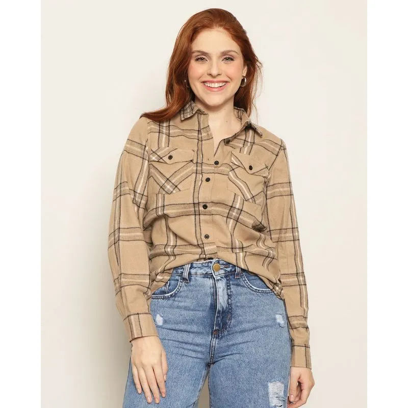Camisa Feminina Flanelada Com Bolsos Xadrez Bege M