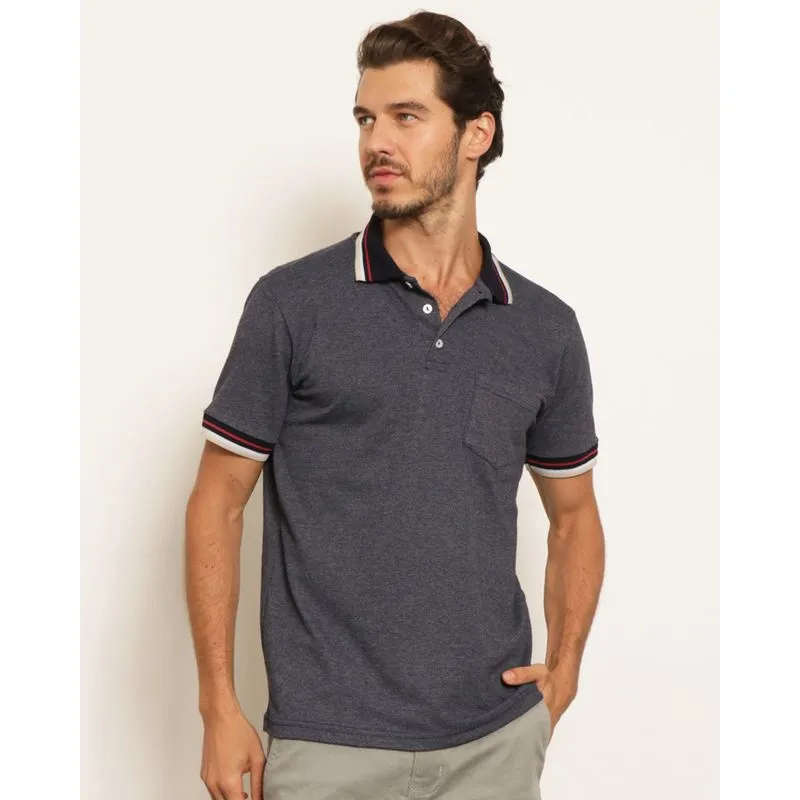 Camisa Polo Masculina Com Bolso Piquet Azul G