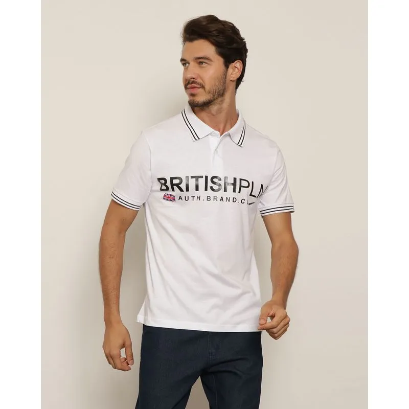 Camisa Polo Masculina Estampa Frontal Manga Curta Branca G