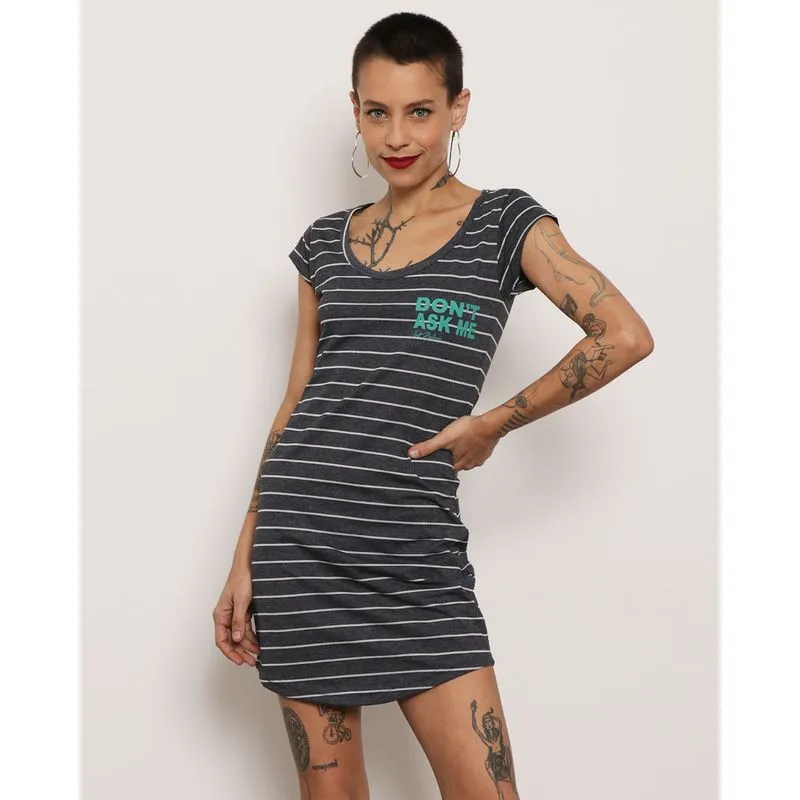 Vestido Feminino Curto Listrado Estampa Mescla Cinza M