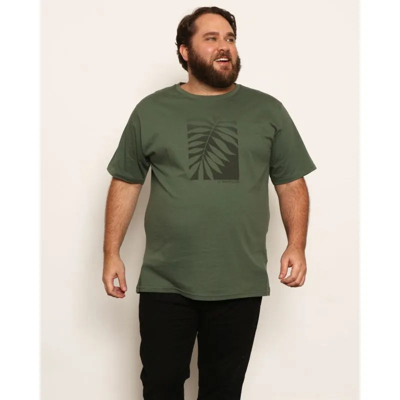 Camiseta Masculina Plus Size Estampa Folha Manga Curta Gola Careca Verde G3