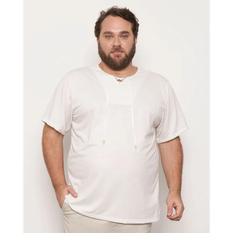 Bata Plus Size Masculina Linho Botonê Com Cordão Manga Curta Off White G2