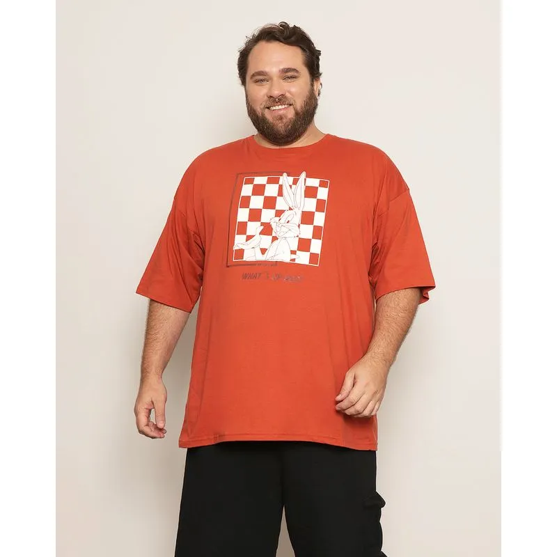 Camiseta Masculina Plus Size Warner Pernalonga Manga Curta Terracota G1