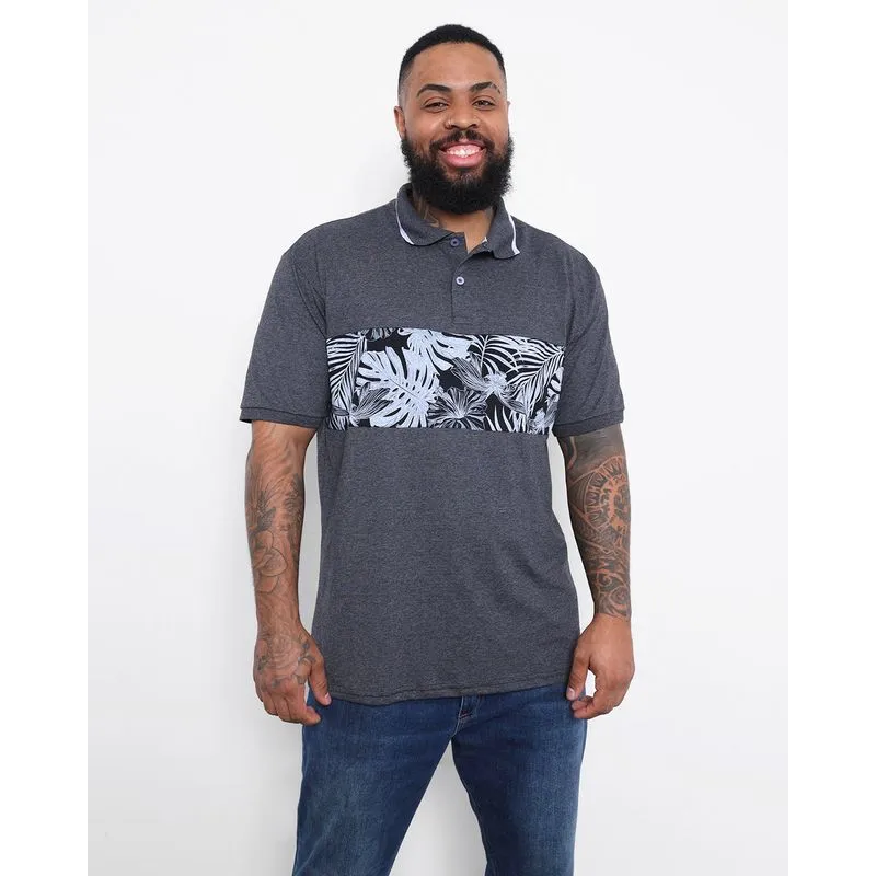 Camisa Polo Masculina Plus Size Recorte Com Estampa Folhagem Manga Curta Cinza G2