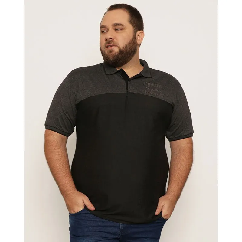 Camisa Polo Masculina Com Recortes Manga Curta Mescla Preta G3
