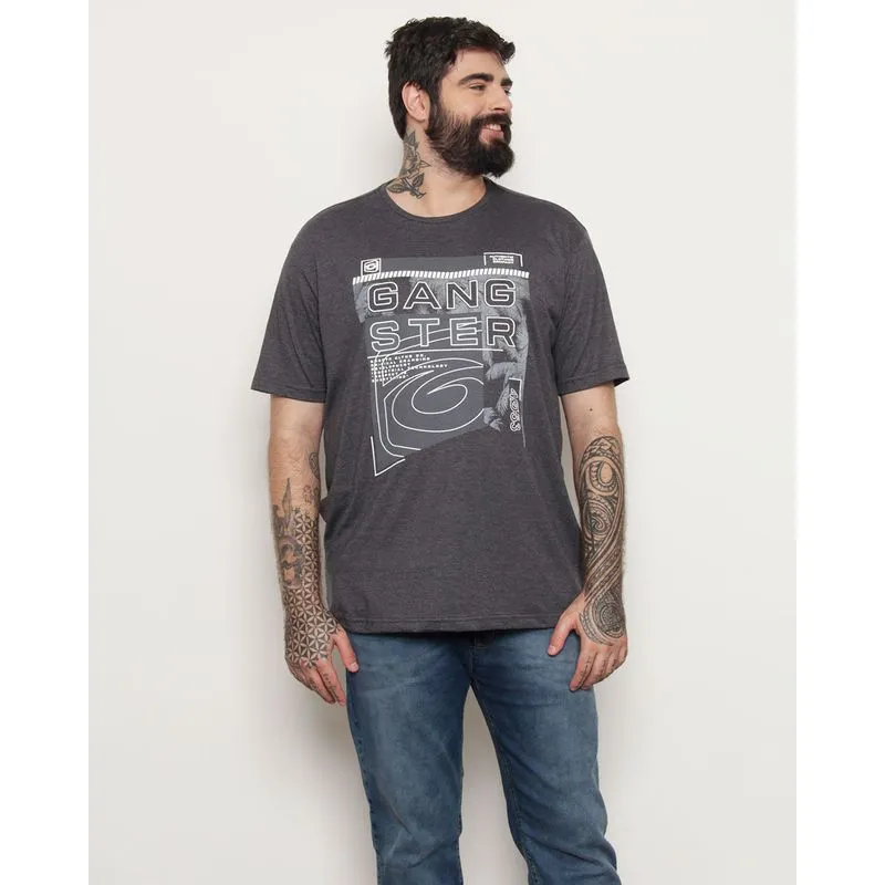 Camiseta Plus Size Masculina Manga Curta Estampa Gangster Cinza Escuro G1