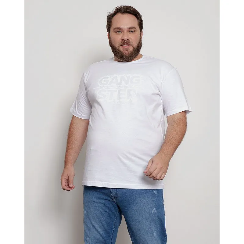 Camiseta Masculina Plus Size Gangster Estampa Manga Curta Gola Careca Branca G2