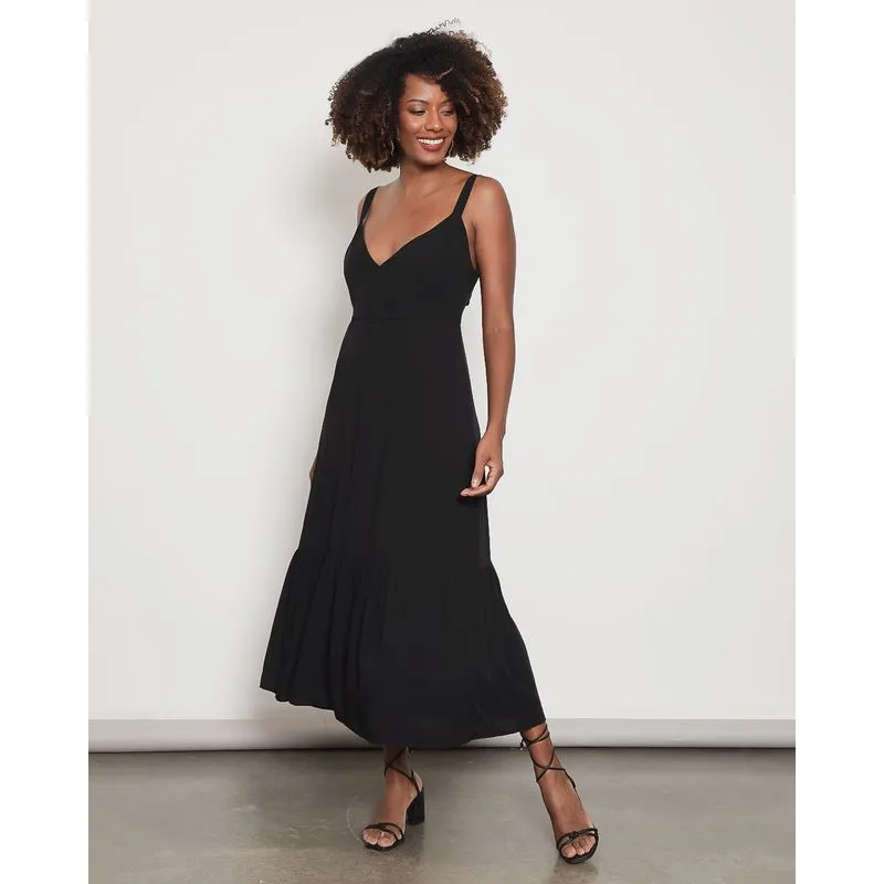 Vestido Feminino Midi Recorte Vazado Alças Medias Decote Em V Preto 40