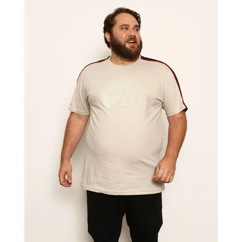 Camiseta Plus Size Masculina Estampa Frontal Gangster Manga Curta Bege G3