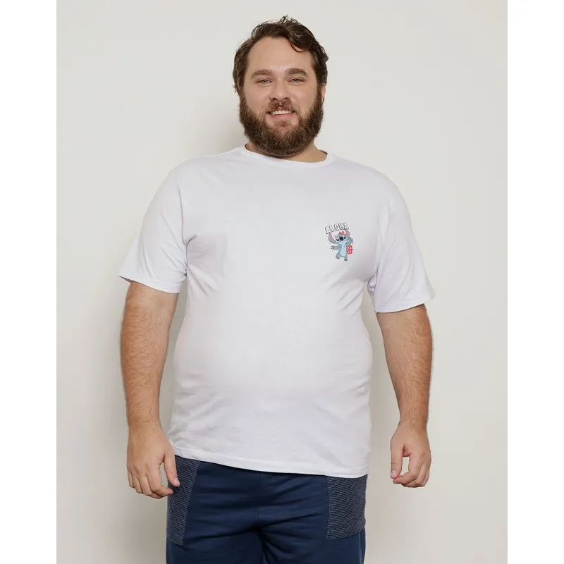 Camiseta Masculina Plus Size Manga Curta Disney Stitch Branca G2
