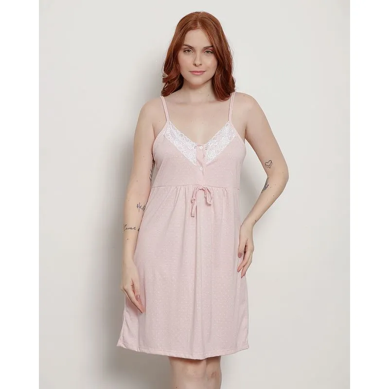 Camisola Feminina Amamentação Estampa Poá E Renda Rosa M