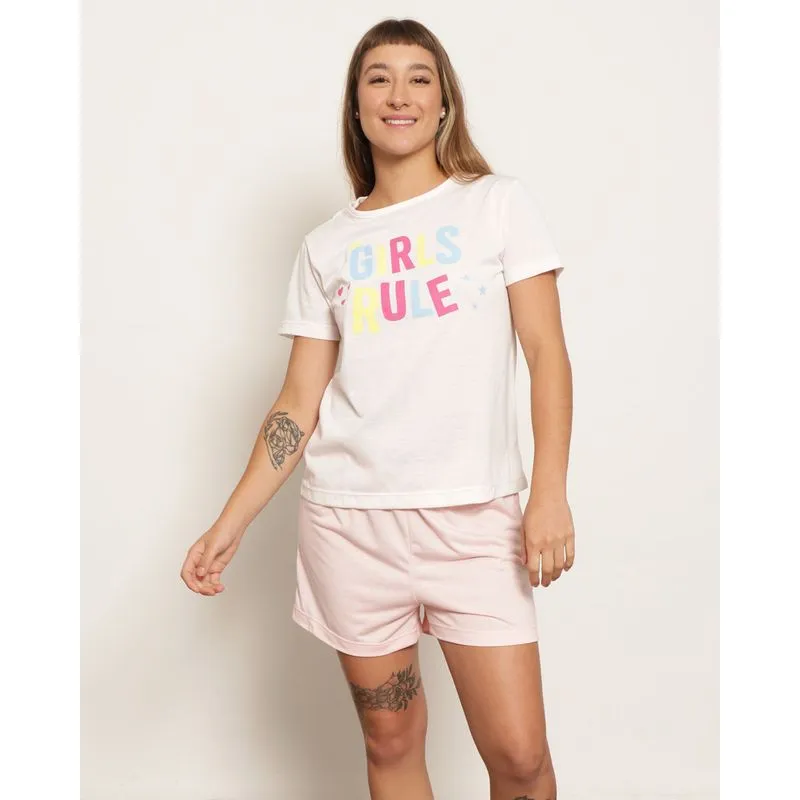 Pijama Feminino Manga Curta Estampa Frontal Rosa GG