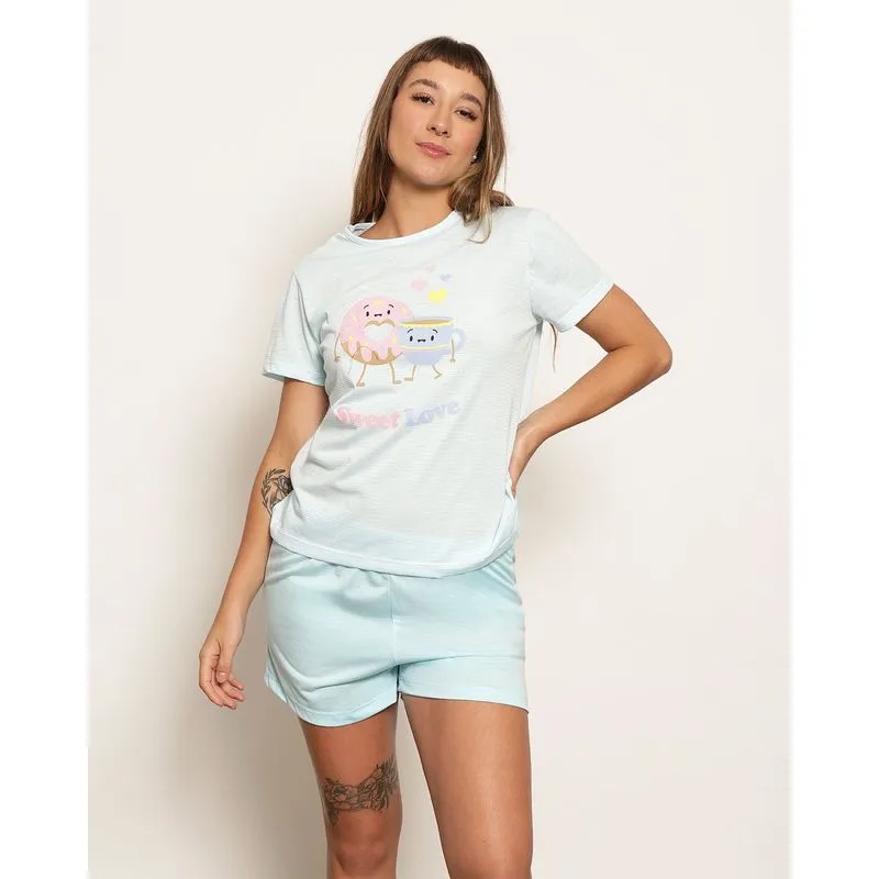 Pijama Feminino Manga Curta Estampa Frontal Azul M