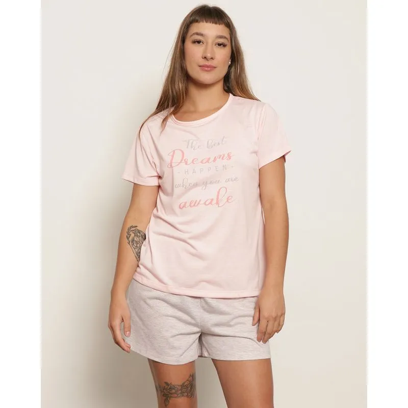 Pijama Feminino Manga Curta Estampa Escrita Frontal Rosa M