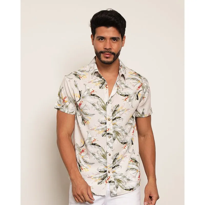 Camisa Masculina Manga Curta Viscose Folhagem Bege P