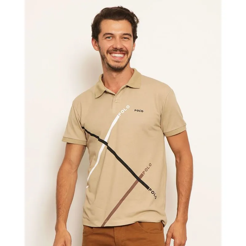 Camisa Polo Masculina Estampa Frontal Bege M