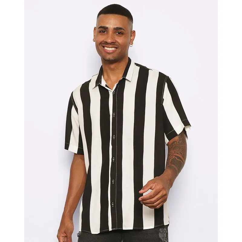 Camisa Masculina Manga Curta Viscose Listrada Preta 2