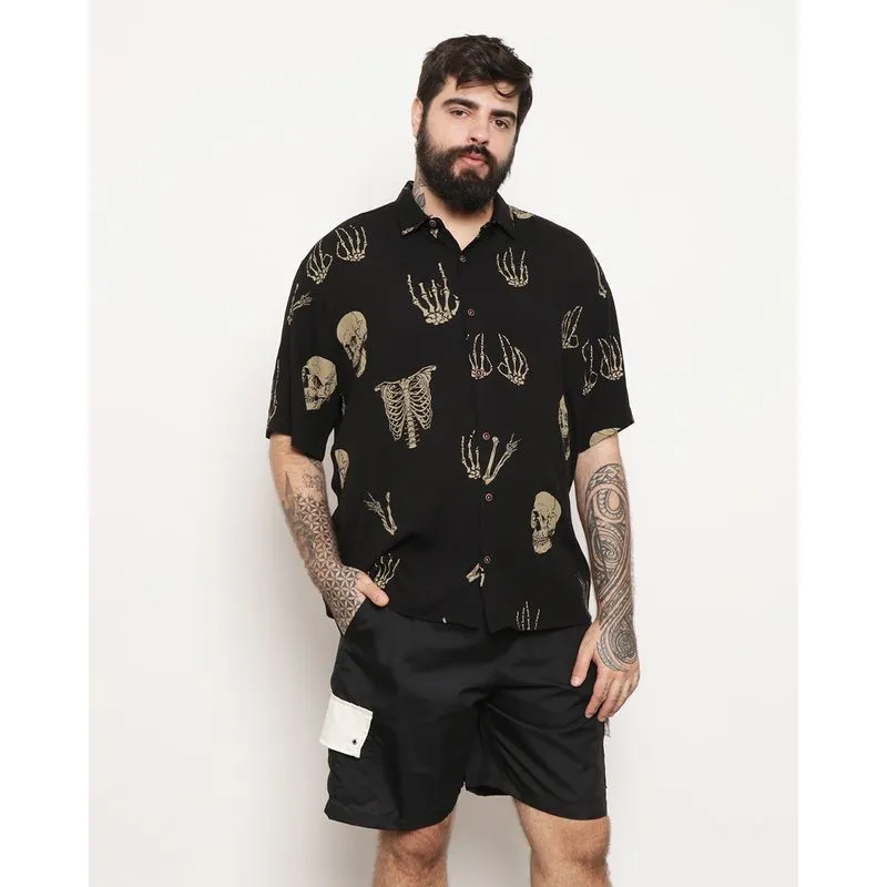 Camisa Plus Size Masculina Manga Curta Estampada Preto 7