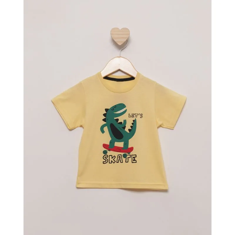 Camiseta Bebê Manga Curta Estampa Dinossauro No Skate Amarela 1
