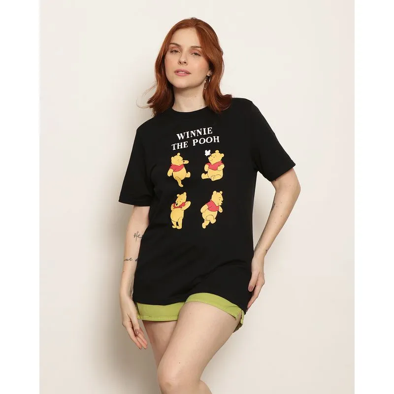 Camiseta Feminina Disney Ursinho Pooh com Estampa Manga Curta Gola Careca Preta G