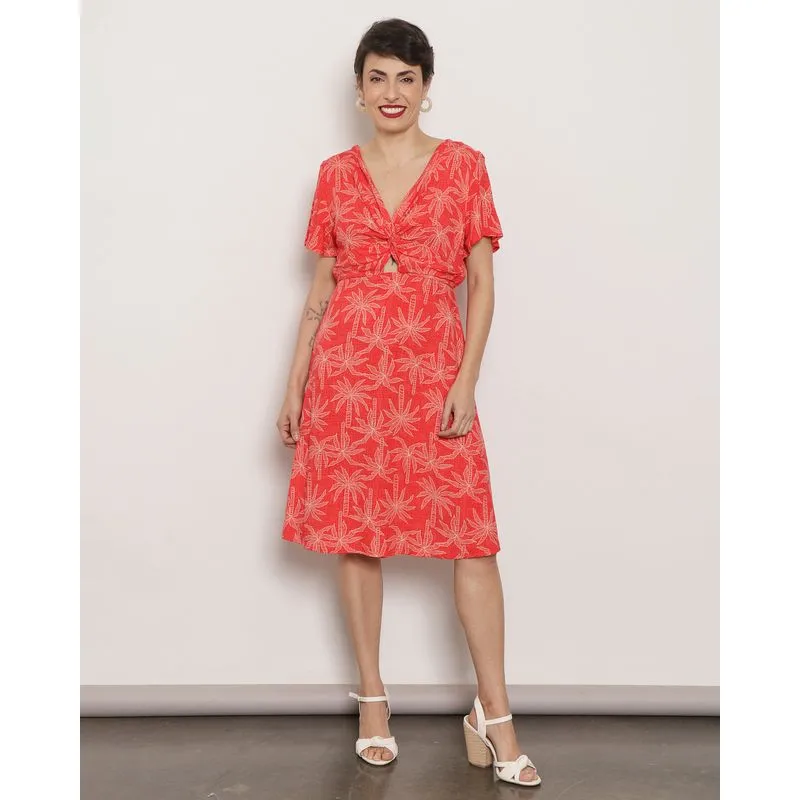 Vestido Feminino Manga Curta Transpassado Viscose Folhagem Laranja G